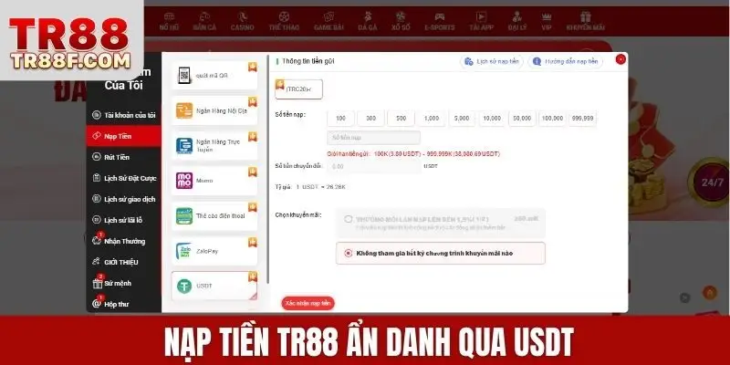 Nạp tiền TR88 ẩn danh qua USDT